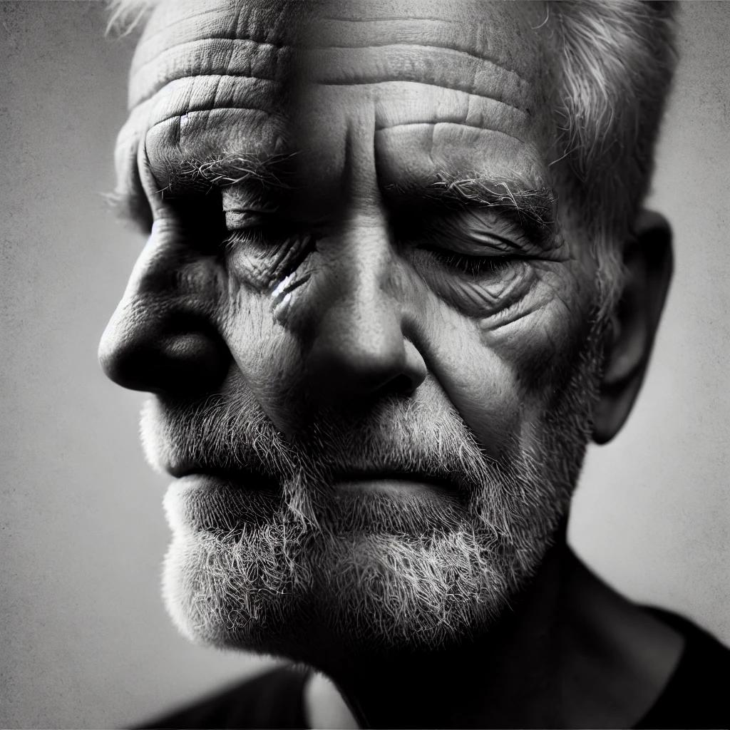 A black-and-white image of an older man with a contemplative expression, symbolizing the complexity of human emotions and past experiences.