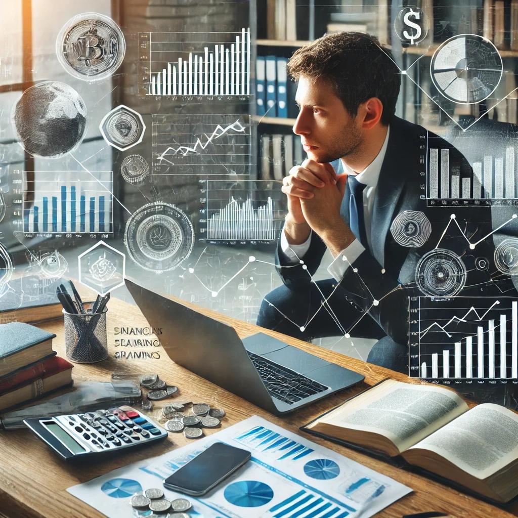 A focused individual working on a laptop, surrounded by financial planning tools like charts, graphs, and books on investing, symbolizing dedication to financial growth.