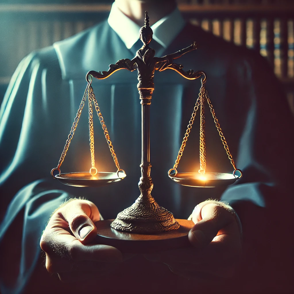 A judge holding scales, symbolizing fairness and the impartial nature of justice. The image should convey a sense of balance, fairness, and moral integrity.