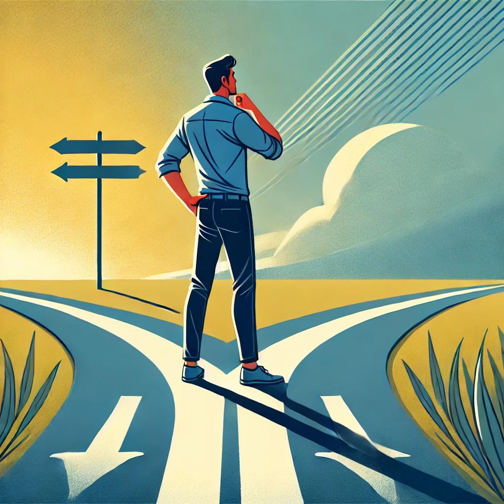 A man at a crossroads, confidently choosing a path, with one foot forward, symbolizing the courage to take decisive action. The background shows the two paths diverging, with the one he chose leading into a bright future.