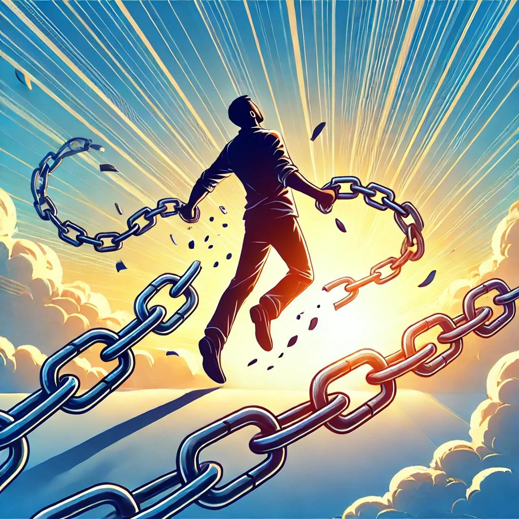 A man breaking free from chains, symbolizing liberation from the constraints of self-doubt. The background should be bright and uplifting, representing the newfound freedom and confidence that comes with overcoming self-doubt.