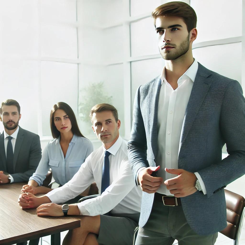 A man in a business setting, confidently leading a meeting, with others listening attentively. His posture is strong, and his facial expression is calm yet assertive, indicating control over the room.