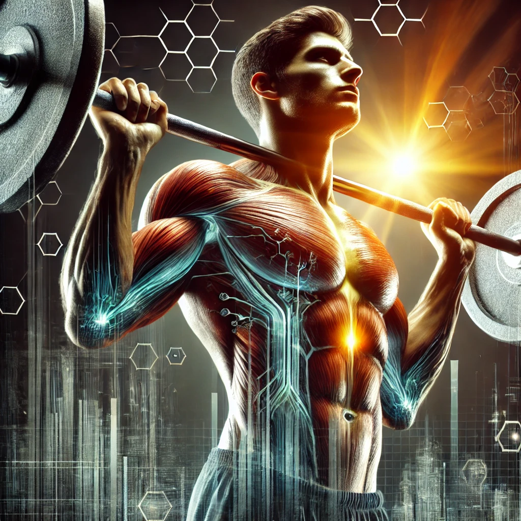 A man lifting weights or engaging in intense physical activity, with a look of determination. The background should highlight a fit and strong physique, symbolizing the physical transformation that comes with 75 Hard.