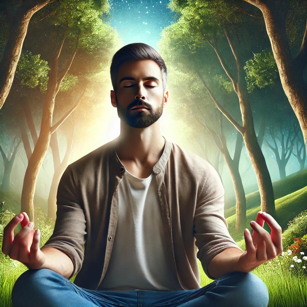 A man meditating in a peaceful outdoor setting, with a serene expression on his face. The background is a tranquil forest, symbolizing inner peace and control over emotions.