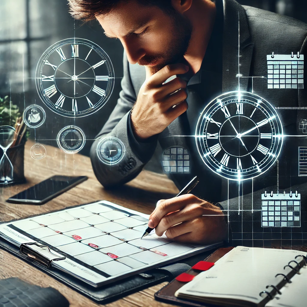 A man meticulously planning his day, with a calendar or planner in front of him, symbolizing the importance of consistency and discipline. The image should be organized and focused.