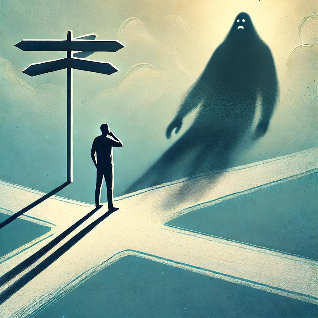 A man standing at a crossroads, unsure of which path to take, with shadows of doubt creeping around him. The image should represent the paralyzing effects of self-doubt in decision-making and daily life.