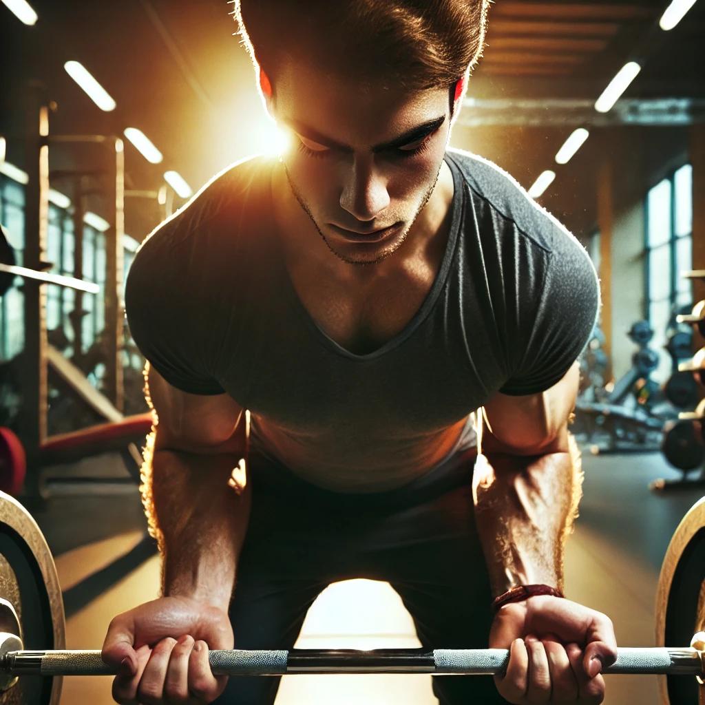 A person lifting heavy weights in a gym, with intense focus and determination, symbolizing the daily commitment to physical growth and strength.