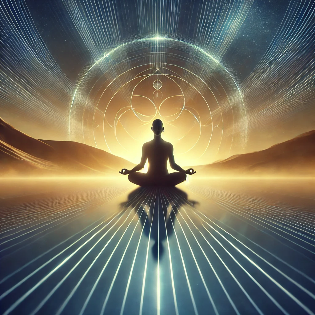 A person meditating in a serene environment, symbolizing inner peace and self-control. The image should evoke calmness, balance, and the strength that comes from mastering one’s desires.