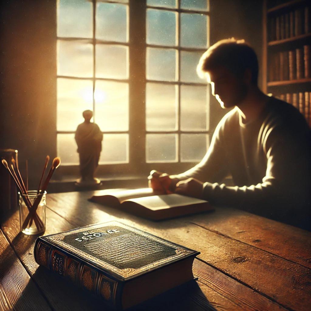 A quiet, peaceful scene of someone reading a classic Stoic text by a window, with natural light streaming in, symbolizing contemplation and learning.