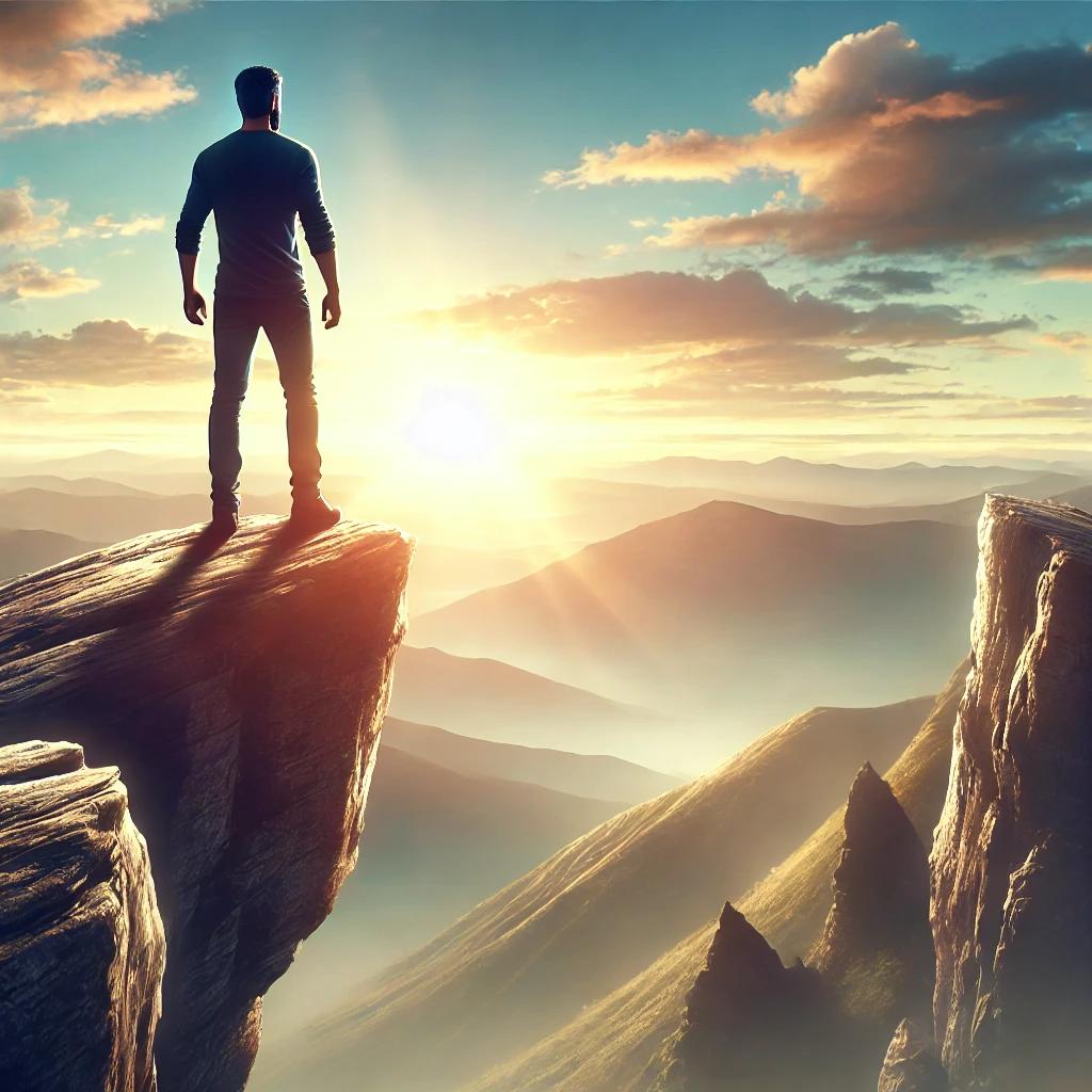 A man standing on a mountaintop, with the sun rising behind him, symbolizing enlightenment and the fulfillment that comes from living a life of virtue. The image should evoke a sense of achievement, peace, and alignment with higher principles.