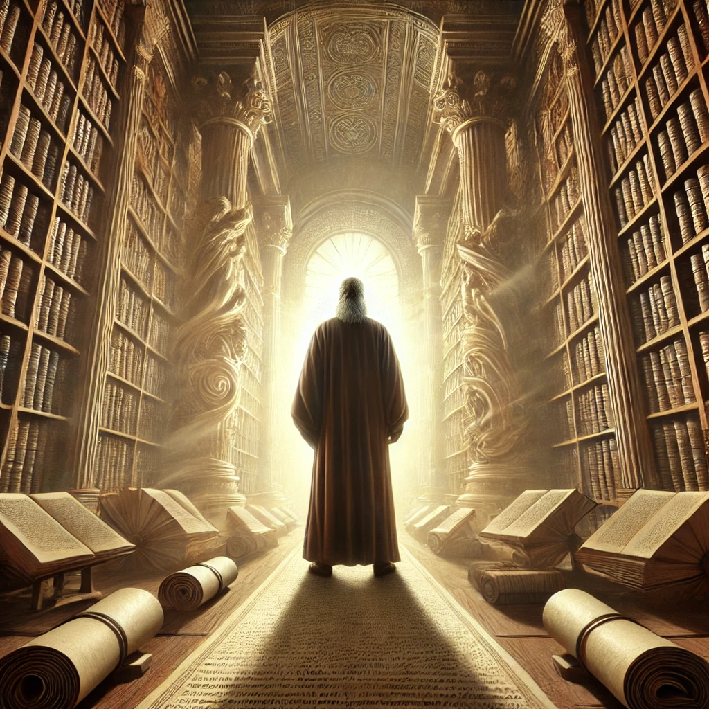 A wise philosopher standing before a vast library, deep in thought, with scrolls and books surrounding him. The image should convey a sense of knowledge, contemplation, and intellectual depth.